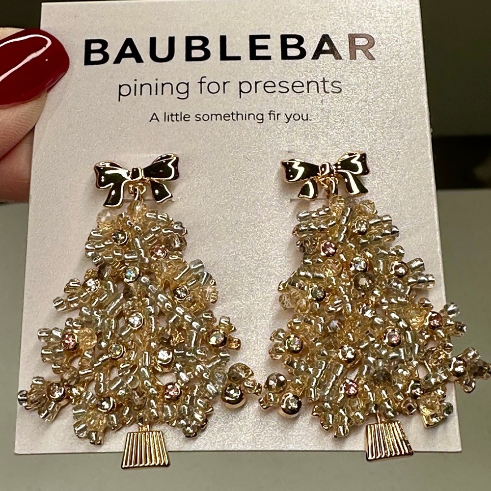 BaubleBar Gold Beaded Christmas Tree Earrings
